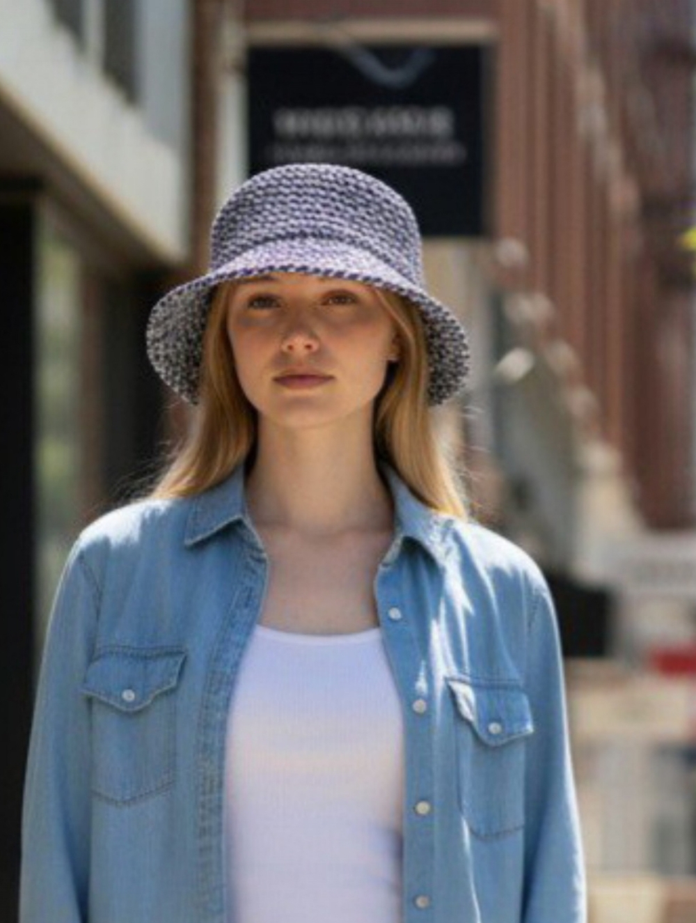 Echo Design Women's Effortless Crochet Bucket Hat Woven Grays Resort Wear Adj.